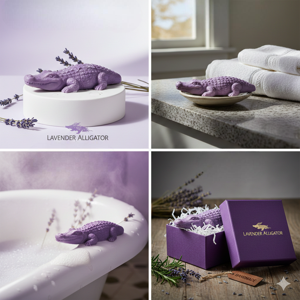 Lavender Alligator Soap on a bathroom sink, surrounded by a small sprig of lavender and a bar of regular soap.