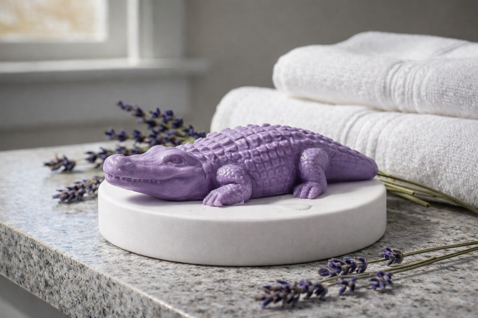 Lavender Alligator Soap on a bathroom sink, surrounded by a small sprig of lavender and a bar of regular soap.